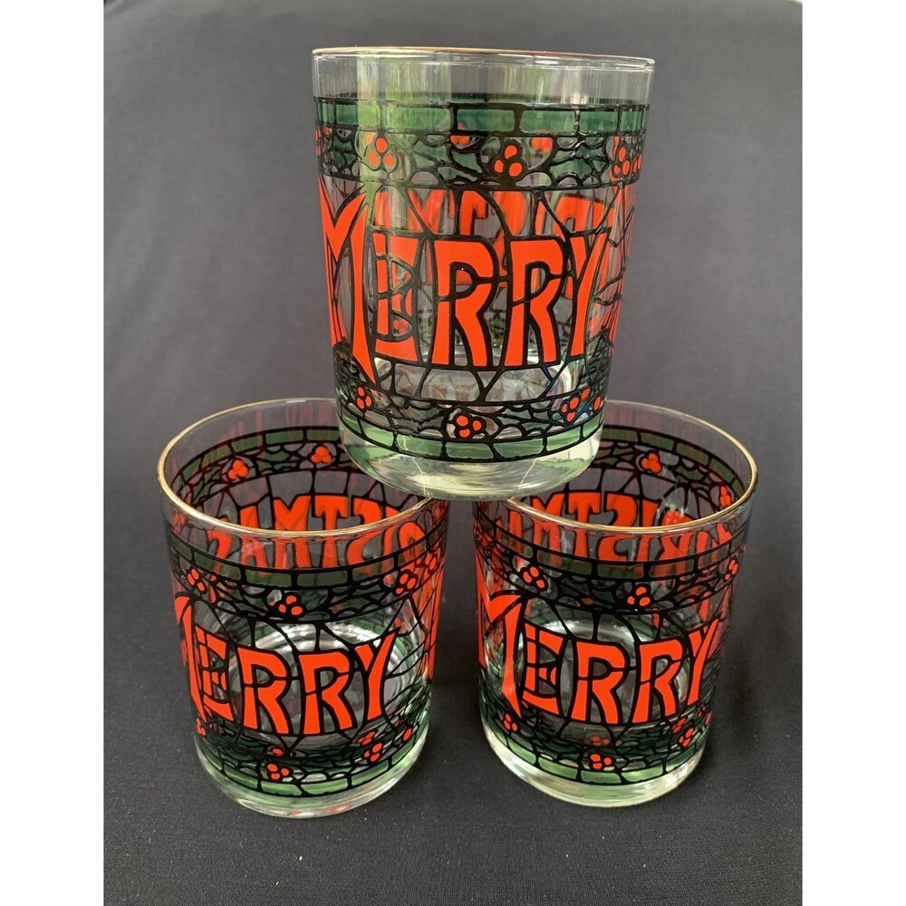 Vintage Cera Houze Merry Christmas Stained Glass Lowball Tumblers Set of 3